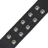 Black elastic band with metal grommets on a white background