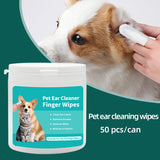 Pet ear cleaning wipes with a dog being cleaned by a person on a green background
