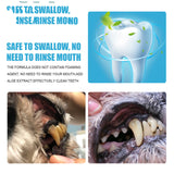 Product advertisement for a dental care solution with images of dog mouths and a tooth graphic.