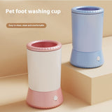 Two pet foot washing cups, one pink and white, one blue, on a beige background.