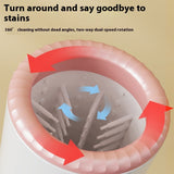 Cleaning device with rotating bristles and text on a beige background