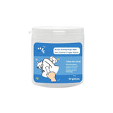 Container of pet ear cleaning wipes with a blue label on a white background