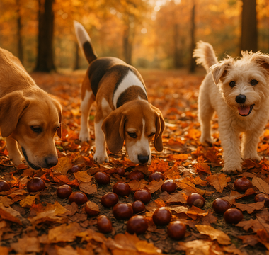 dogs looking at conkers