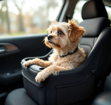 small dog in dog seat