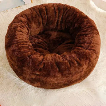 Spacious long plush cat bed donut round style provides a fluffy cushion mat for winter Coffee-S