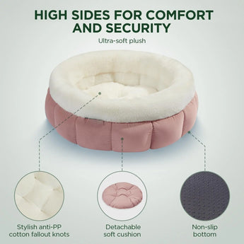 Comfortable round bed for cats and dogs, designed with an anti-slip base.