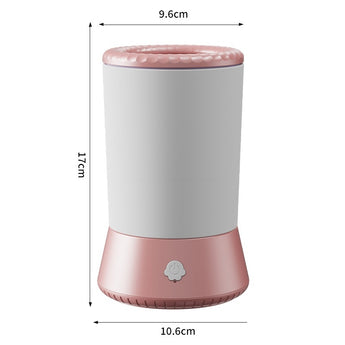 Pink and white cylindrical product with dimensions labeled on a white background