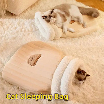 Beige Cat Sleeping Bags With Cat In One And One Asleep On Another