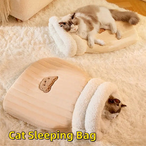 Beige Cat Sleeping Bags With Cat In One And One Asleep On Another