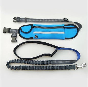 Blue dog leash and waist bag set on a white background