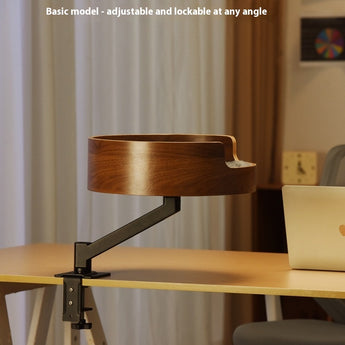 Wooden desk shelf with adjustable arm on a desk, with text indicating adjustability and lockability.