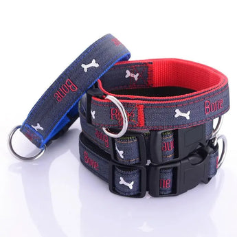 Premium embroidered leather dog collar with denim style for fashionable pets and daily walk comfort.