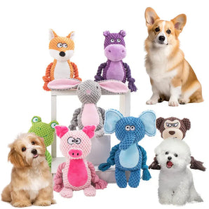 Donkey-shaped plush squeaky toy for dogs with soft materials and built-in squeakers.