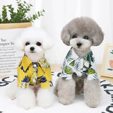 Small dog wearing lightweight Hawaiian pet clothes for summer comfort with fun coconut island print design.