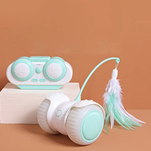 Smart cat toy car with dual modes, colour-changing LED wheel, and eco-friendly design.