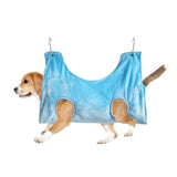 Pet grooming hammock for easy access nail trimming with convenient front leg openings for dogs.