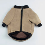 Pet winter jacket displayed flat, showcasing durable fabric and stylish khaki colour.