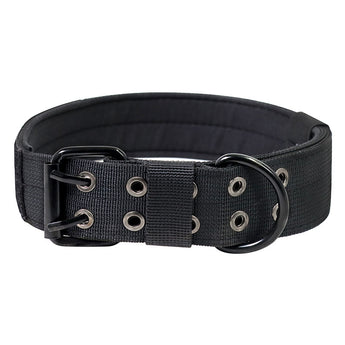 Black dog collar with metal D-ring on a white background