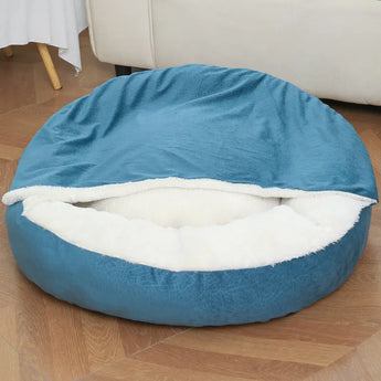 Durable hooded pet bed for dogs who love to burrow