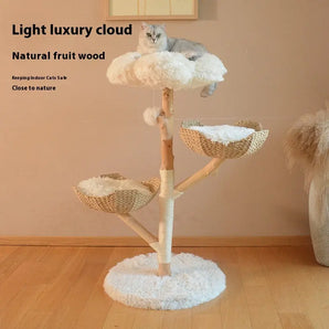 Natural fruit tree cat climbing frame with rattan nests and fluffy cat bed