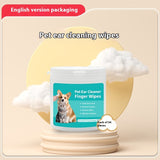 Pet ear cleaning wipes packaging with a dog and cat illustration on a beige background