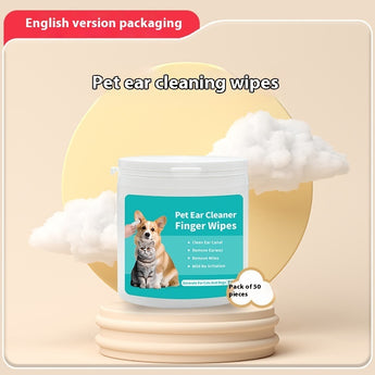 Pet ear cleaning wipes packaging with a dog and cat illustration on a beige background