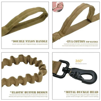Heavy-duty tactical training dog leash with elastic shock absorption and secure control handle