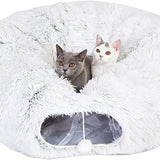 Soft grey round plush cat bed with a foldable tunnel, winter pet nest for warmth and comfort