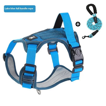 Lake-blue-XL-With-rope Reflective dog harness for large and medium dogs, enhancing visibility and safety during night walks.