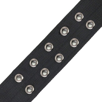 Black elastic band with metal grommets on a white background