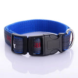 Durable denim dog collar featuring embroidered design, perfect for small, medium, and large dogs. -  Blue-XL