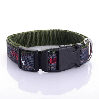 Adjustable embroidered dog collar crafted with soft leather and denim for fashion-forward canine comfort. -  Green-XL