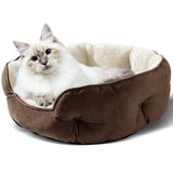 Breathable plush round bed for pets with non-slip base and enclosed design for added safety