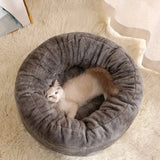 Modern long plush cat bed donut round design creates fluffy cushion mat with winter warmth Grey-S