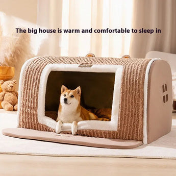 Three-dimensional houndstooth Warm Cosy Dog Bed House in grey, perfect for small to large dogs.