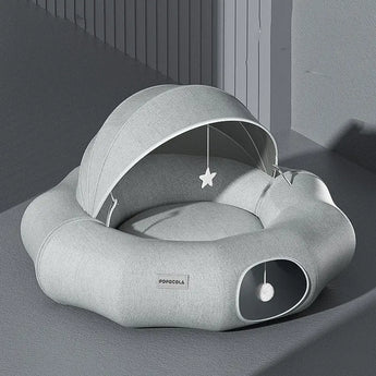 Grey Cat Bed With Foldable Hood And Tunnel With Hanging Star And Ball