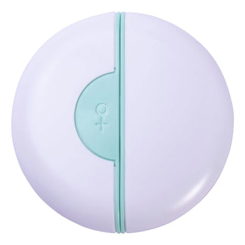 Round purple device with a green zipper on a white background