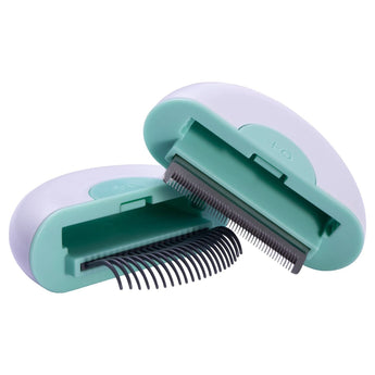 Pet grooming tool with comb and brush on a white background