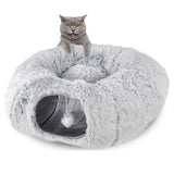 Warm grey plush pet nest with a foldable tunnel, round winter bed for cats