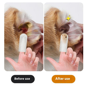 Before and after use of a pet ear cleaning tool on a dog's ear.