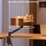 Cat sitting on a wooden desk pet shelf with text 'Any angle rotation and positioning'.