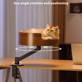 Cat sitting on a wooden desk pet shelf with text 'Any angle rotation and positioning'.