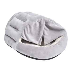 Warm hooded cat nest with semi-closed design for winter comfort.