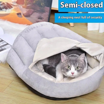 Comfortable winter cat bed featuring soft velvet-like material.