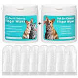 Two containers of pet cleaning finger wipes with images of dogs and cats on the labels.