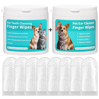 Two containers of pet cleaning finger wipes with images of dogs and cats on the labels.