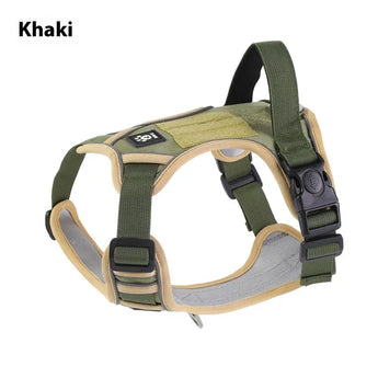 Khaki-XL-No-cord Breathable vest-style dog harness with reflective strips for safer night time walks with large dogs.