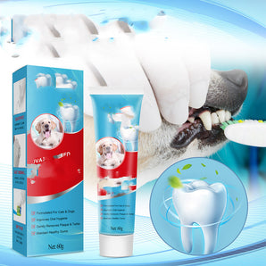 Dog toothpaste packaging with a close-up of a dog's teeth and a toothbrush.