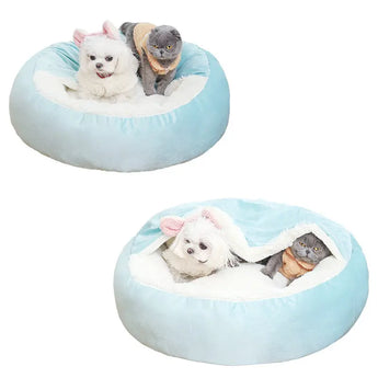 Cozy hooded dog bed with attached blanket for ultimate comfort