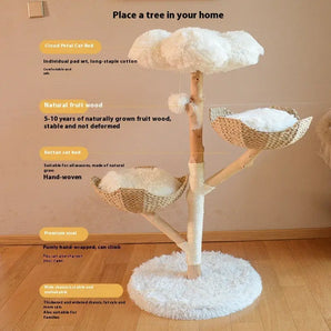 Stylish wooden cat tree with double-nest cloud design for feline comfort